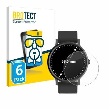 Front side of a product packaging with the brand logo BROTECT. Next to it is the device Watches (Circular, ø: 39 mm) shown wit