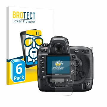 Front side of a product packaging with the brand logo BROTECT. Next to it is the device Nikon D3S shown with the corresponding