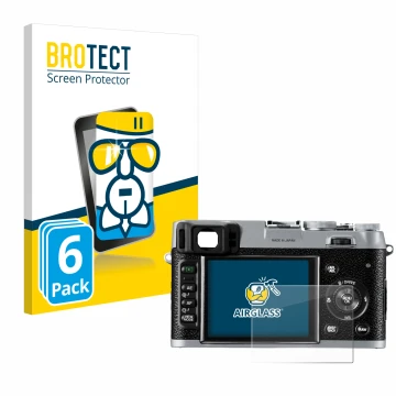 Front side of a product packaging with the brand logo BROTECT. Next to it is the device Fujifilm FinePix X100 shown with the c