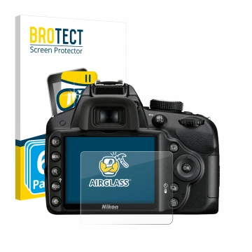 Front side of a product packaging with the brand logo BROTECT. Next to it is the device Nikon D3200 shown with the correspondi