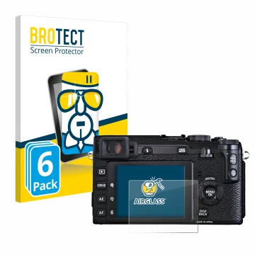 Front side of a product packaging with the brand logo BROTECT. Next to it is the device Fujifilm X-E1 shown with the correspon
