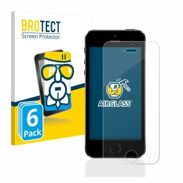 Front side of a product packaging with the brand logo BROTECT. Next to it is the device Apple iPhone 5S shown with the corresp