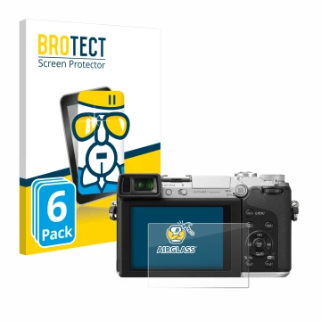 Front side of a product packaging with the brand logo BROTECT. Next to it is the device Panasonic Lumix DMC-GX7 shown with the