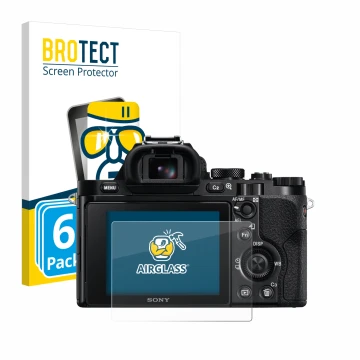 Front side of a product packaging with the brand logo BROTECT. Next to it is the device Sony Alpha 7 (ILCE-7) shown with the c