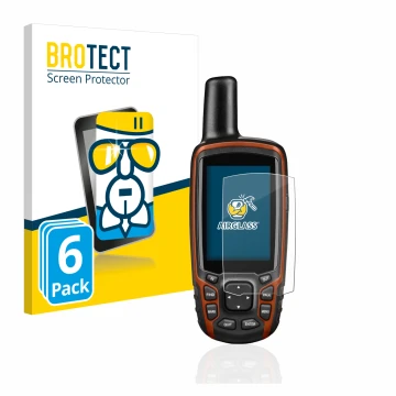 Front side of a product packaging with the brand logo BROTECT. Next to it is the device Garmin GPSMAP 64s shown with the corre