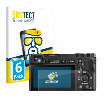 Front side of a product packaging with the brand logo BROTECT. Next to it is the device Sony Alpha 6000 shown with the corresp