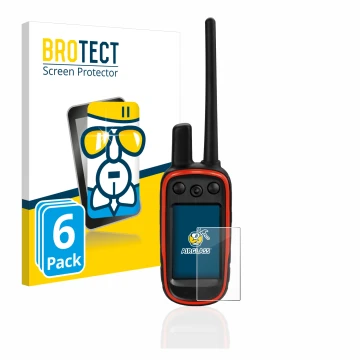 Front side of a product packaging with the brand logo BROTECT. Next to it is the device Garmin Alpha 100 shown with the corres