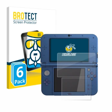 Front side of a product packaging with the brand logo BROTECT. Next to it is the device Nintendo New 3DS XL shown with the cor
