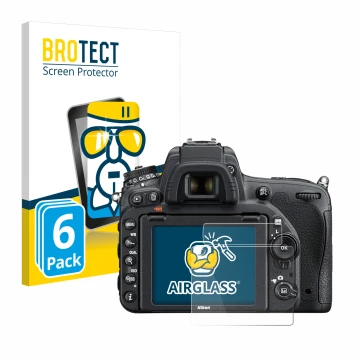 Front side of a product packaging with the brand logo BROTECT. Next to it is the device Nikon D750 shown with the correspondin
