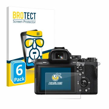 Front side of a product packaging with the brand logo BROTECT. Next to it is the device Sony Alpha 7 II (ILCE-7M2) shown with 