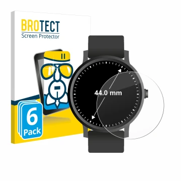Front side of a product packaging with the brand logo BROTECT. Next to it is the device Watches (Circular, ø: 44 mm) shown wit
