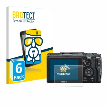 Front side of a product packaging with the brand logo BROTECT. Next to it is the device Ricoh GR II 2015 shown with the corres