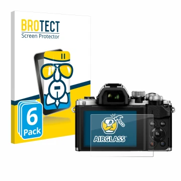 Front side of a product packaging with the brand logo BROTECT. Next to it is the device Olympus OM-D E-M10 Mark II shown with 