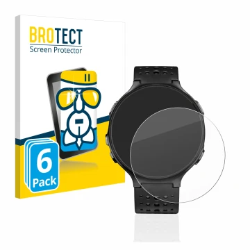 Front side of a product packaging with the brand logo BROTECT. Next to it is the device Garmin Forerunner 235 shown with the c