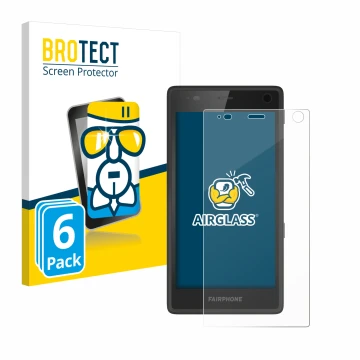 Front side of a product packaging with the brand logo BROTECT. Next to it is the device Fairphone 2 shown with the correspondi