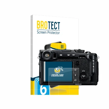 Front side of a product packaging with the brand logo BROTECT. Next to it is the device Fujifilm X-Pro2 shown with the corresp