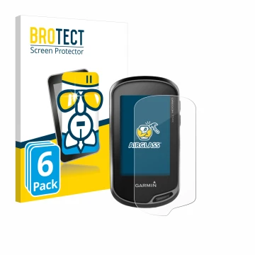 Front side of a product packaging with the brand logo BROTECT. Next to it is the device Garmin Oregon 750t shown with the corr