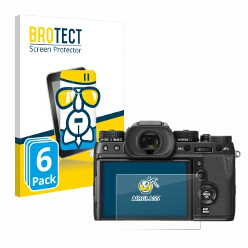 Front side of a product packaging with the brand logo BROTECT. Next to it is the device Fujifilm X-T2 shown with the correspon
