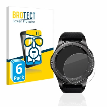 Front side of a product packaging with the brand logo BROTECT. Next to it is the device Samsung Gear S3 Frontier shown with th