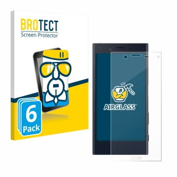 Front side of a product packaging with the brand logo BROTECT. Next to it is the device Sony Xperia X Compact shown with the c