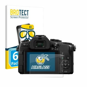Front side of a product packaging with the brand logo BROTECT. Next to it is the device Panasonic Lumix DMC-G81 shown with the