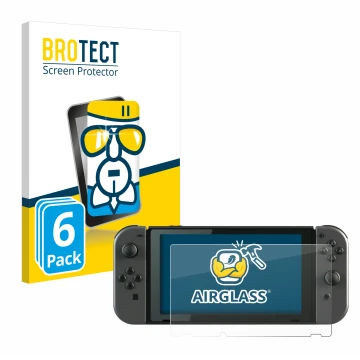 Front side of a product packaging with the brand logo BROTECT. Next to it is the device Nintendo Switch shown with the corresp