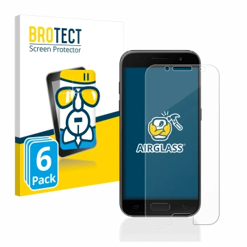 Front side of a product packaging with the brand logo BROTECT. Next to it is the device Samsung Galaxy A3 2017 shown with the 