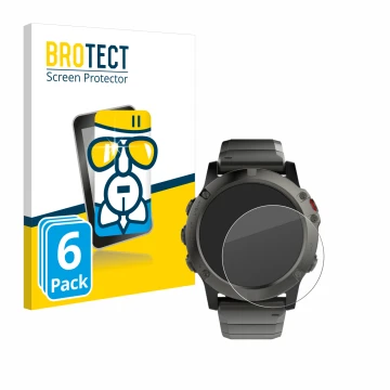 Front side of a product packaging with the brand logo BROTECT. Next to it is the device Garmin Fenix 5X (51 mm) shown with the