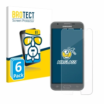 Front side of a product packaging with the brand logo BROTECT. Next to it is the device Samsung Galaxy J3 2017 shown with the 