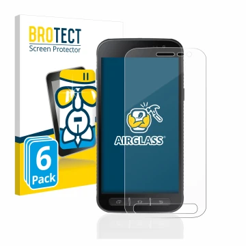 Front side of a product packaging with the brand logo BROTECT. Next to it is the device Samsung Galaxy XCover 4 shown with the