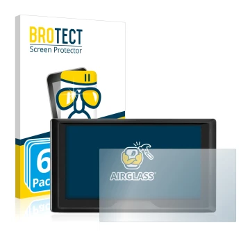 Front side of a product packaging with the brand logo BROTECT. Next to it is the device Garmin Drive 61 LMT-S shown with the c