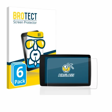 Front side of a product packaging with the brand logo BROTECT. Next to it is the device BMW Motorrad Navigator VI shown with t