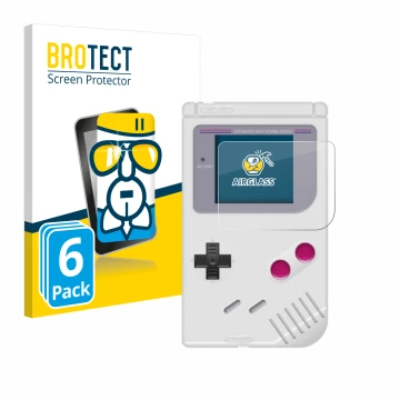 Front side of a product packaging with the brand logo BROTECT. Next to it is the device Nintendo Gameboy (1989) shown with the