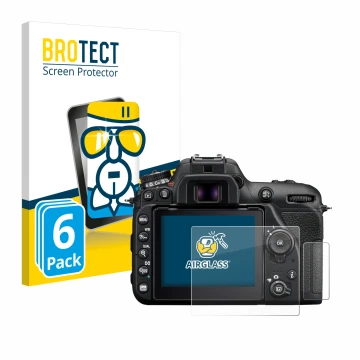 Front side of a product packaging with the brand logo BROTECT. Next to it is the device Nikon D7500 shown with the correspondi