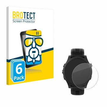 Front side of a product packaging with the brand logo BROTECT. Next to it is the device Garmin Forerunner 935 shown with the c