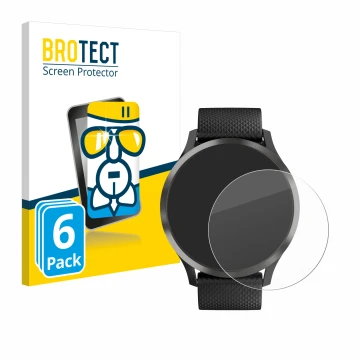 Front side of a product packaging with the brand logo BROTECT. Next to it is the device Garmin vivomove HR shown with the corr
