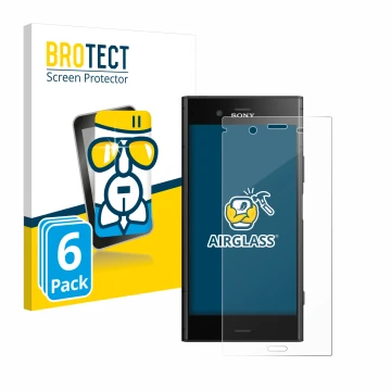 Front side of a product packaging with the brand logo BROTECT. Next to it is the device Sony Xperia XZ1 shown with the corresp