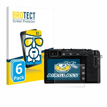 Front side of a product packaging with the brand logo BROTECT. Next to it is the device Fujifilm X-E3 shown with the correspon