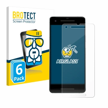 Front side of a product packaging with the brand logo BROTECT. Next to it is the device Google Pixel 2 shown with the correspo