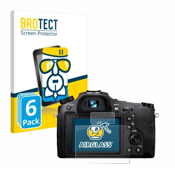 Front side of a product packaging with the brand logo BROTECT. Next to it is the device Sony Cyber-Shot DSC-RX10 IV shown with