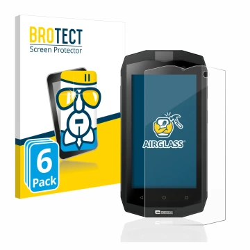 Front side of a product packaging with the brand logo BROTECT. Next to it is the device Crosscall Trekker M1 Core shown with t