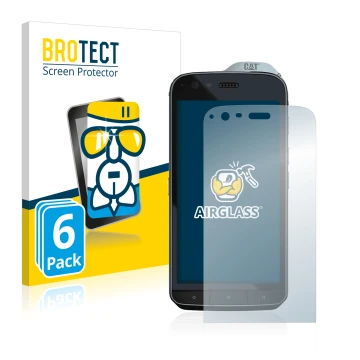 Front side of a product packaging with the brand logo BROTECT. Next to it is the device Caterpillar Cat S61 shown with the cor
