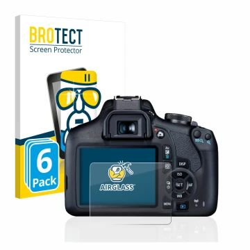 Front side of a product packaging with the brand logo BROTECT. Next to it is the device Canon EOS 2000D shown with the corresp