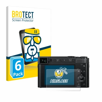 Front side of a product packaging with the brand logo BROTECT. Next to it is the device Panasonic Lumix DC-TZ202 shown with th