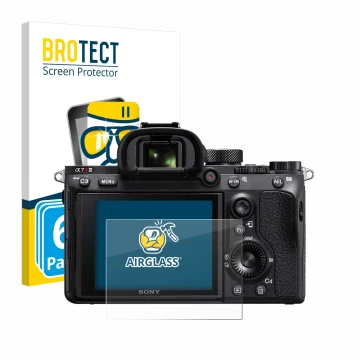Front side of a product packaging with the brand logo BROTECT. Next to it is the device Sony Alpha 7R III shown with the corre