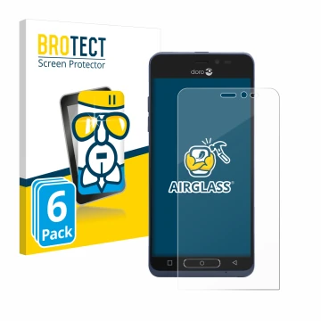 Front side of a product packaging with the brand logo BROTECT. Next to it is the device Doro 8035 shown with the corresponding