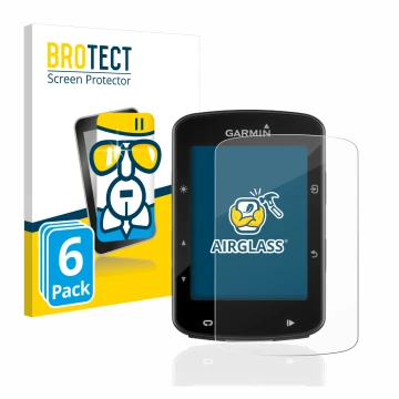 Front side of a product packaging with the brand logo BROTECT. Next to it is the device Garmin Edge 520 Plus shown with the co