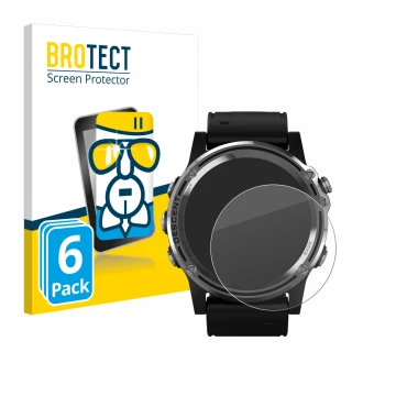 Front side of a product packaging with the brand logo BROTECT. Next to it is the device Garmin Descent Mk1 shown with the corr