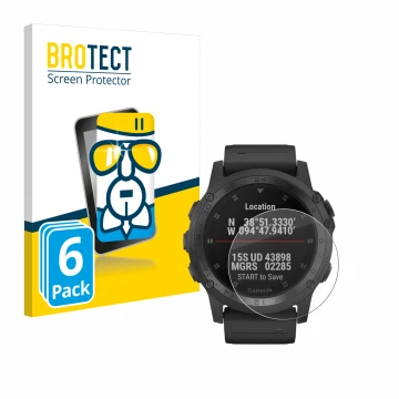 Front side of a product packaging with the brand logo BROTECT. Next to it is the device Garmin Tactix Charlie shown with the c