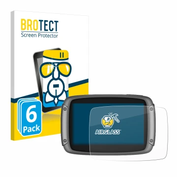Front side of a product packaging with the brand logo BROTECT. Next to it is the device TomTom Rider 550 shown with the corres